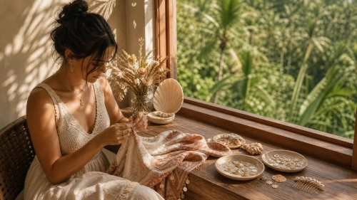 Woman finishing a silk scarf with gold charms by an open window in Bali