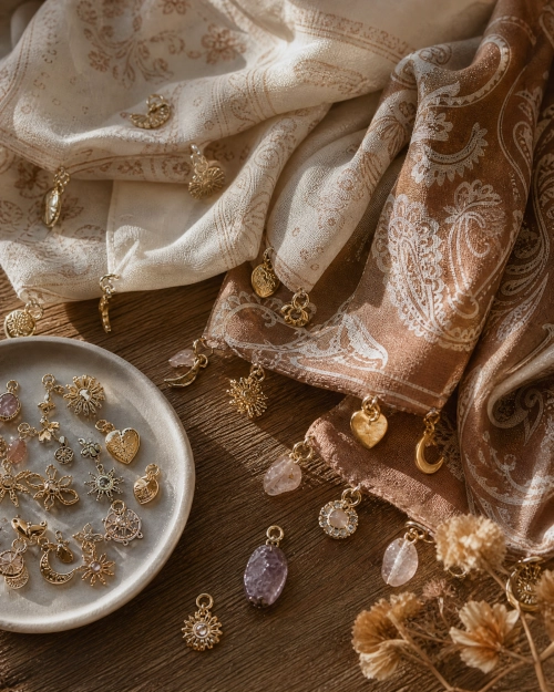 Close up of a paisley scarf finished with hand attached gold charms