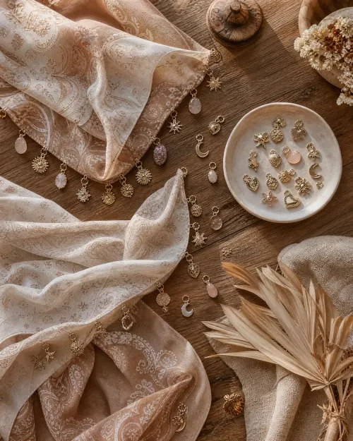 Flatlay of scarves, charms and dried palm from the scarf workshop