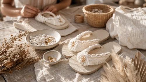 Macrame sandals with shells and charms on a wooden table in the Canggu studio