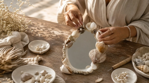 Hands placing shells around the frame of a handmade mirror in Canggu