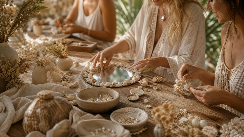 Guests creating shell-decorated pieces by hand at the Luma Numa studio in Canggu, Bali