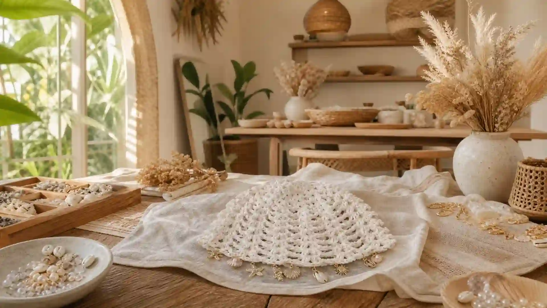 Handmade crochet charm hat with shells and pearls in the bright Luma Numa studio in Canggu