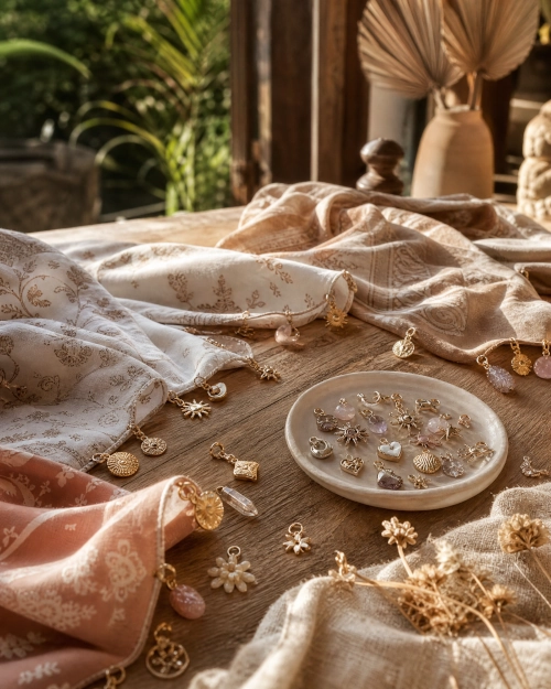 Silk scarves and gold charms laid out on a wooden table in the Canggu studio