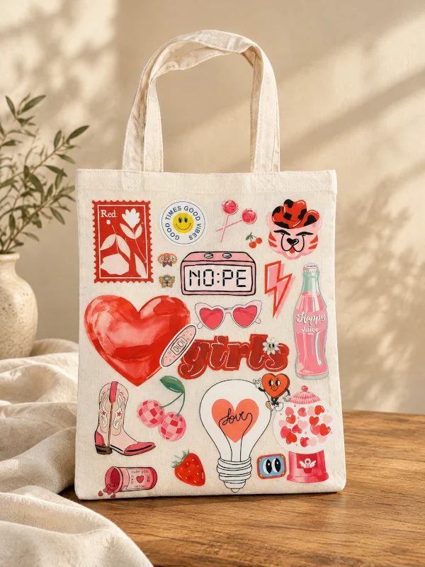 Cream canvas tote bag printed with red and pink retro sticker designs: hearts, cherries, sunglasses and a cowboy boot, in Canggu