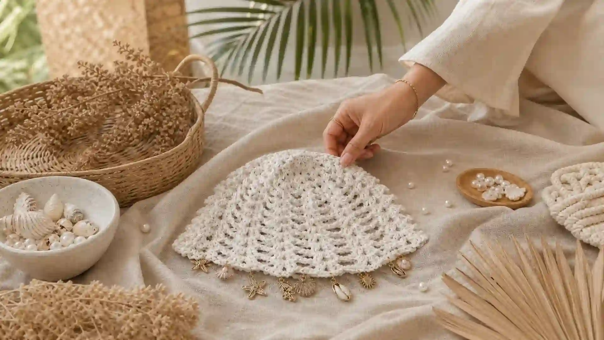 Crochet charm hat laid out on linen with shells, pearls and gold charms in Bali