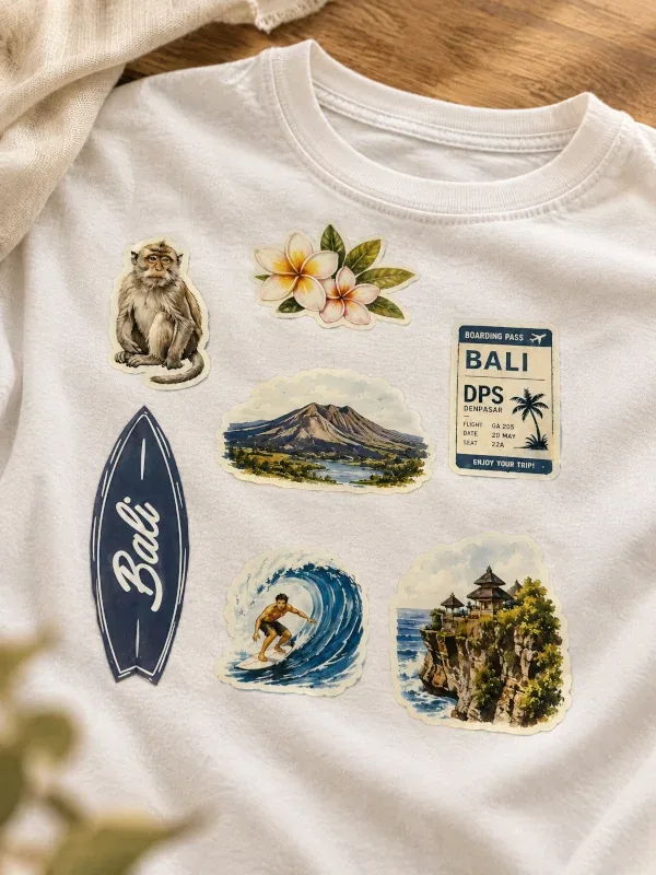 White t-shirt with Bali-themed fabric stickers: monkey, frangipani flowers, surfboard and a boarding pass