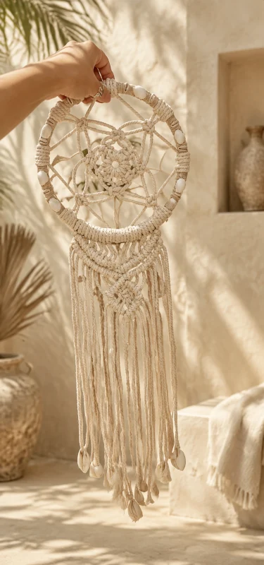 Handmade macrame dreamcatcher with cowrie shells held up in the Luma Numa studio in Canggu