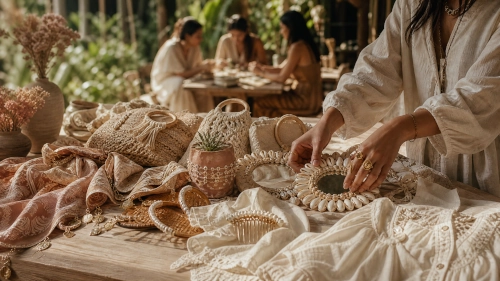 Guests decorating shell mirrors at a long wooden table in the Canggu studio