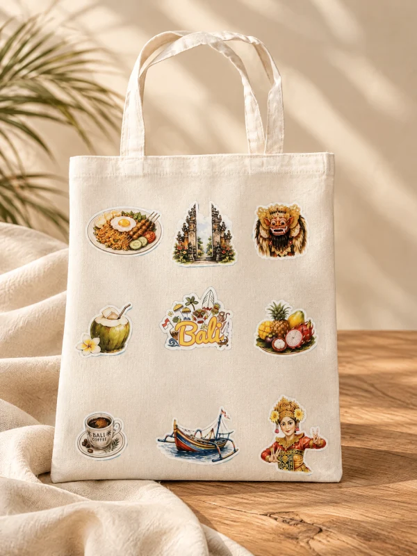Cream canvas tote bag printed with nine Bali-themed illustrations: nasi goreng, a temple gate, a barong mask, a coconut drink, tropical fruit and a Balinese dancer