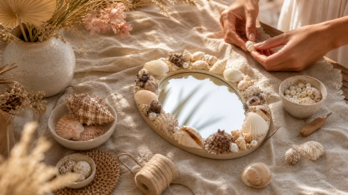 Shell and pearl mirror laid out on linen with bowls of pearls and shells
